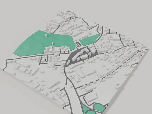 3D model: Stryi — centre, 800 × 800 m area